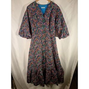 Samsara Floral Puff Sleeve Midi Dress Blue Pink Button Front Ruffle Hem Size 38